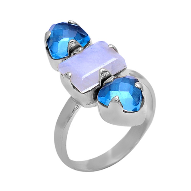 Rainbow Moonstone Blue Quartz Gemstone 925 Silver Jewelry Prong Set Ring
