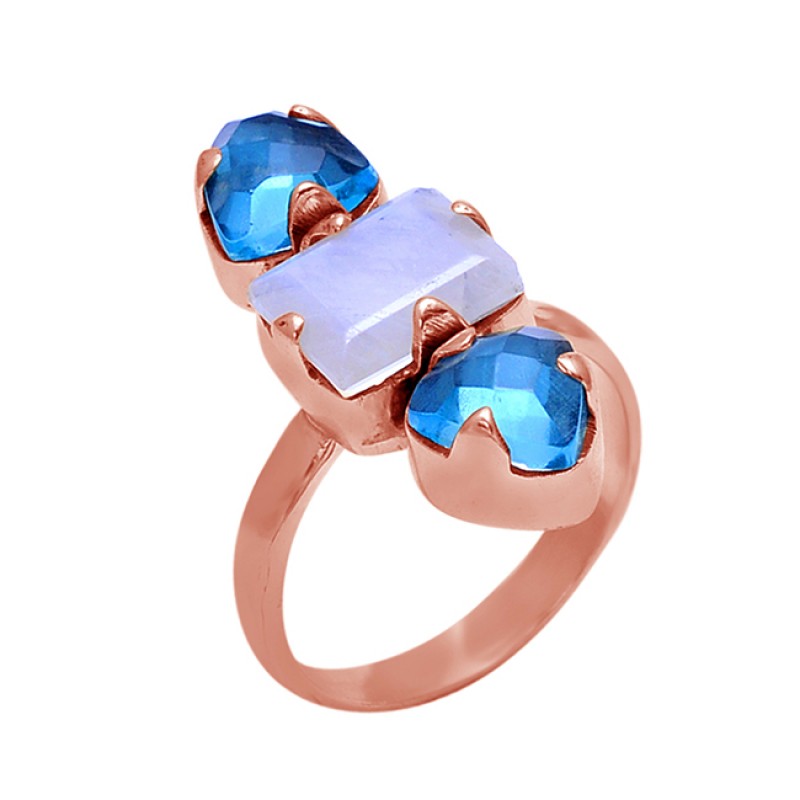 Rainbow Moonstone Blue Quartz Gemstone 925 Silver Jewelry Prong Set Ring