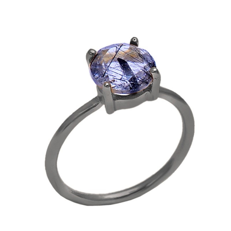 Prong Setting Black Rutile Quartz Gemstone 925 Silver Jewelry Gold Plated Ring