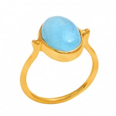 Cabochon Oval Shape Aquamarine Gemstone 925 Silver Jewelry Gold Plated Ring