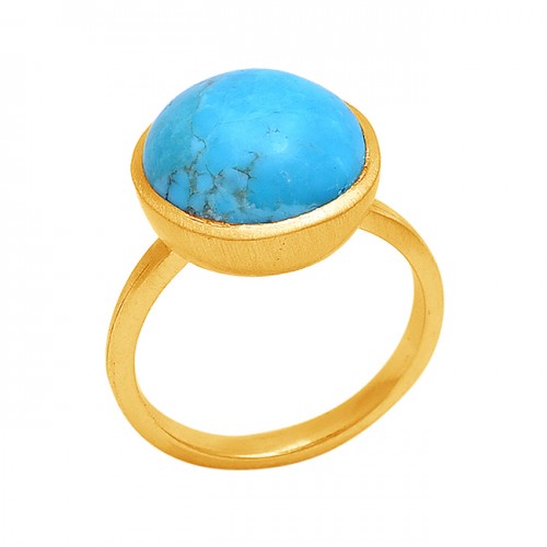 Round Shape Turquoise Gemstone 925 Silver Jewelry Gold Plated Ring