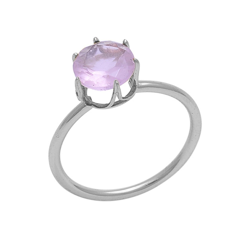 Round Shape Rose Quartz Gemstone 925 Sterling Silver Jewelry Prong Set Ring