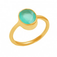 Handmade 925 Sterling Silver Aqua Chalcedony Gemstone Gold Plated Ring Jewelry