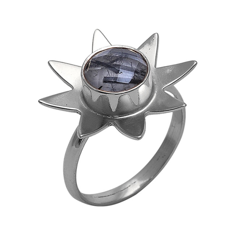 Round Shape Black Rutile Quartz Gemstone 925 Silver Jewelry Ring