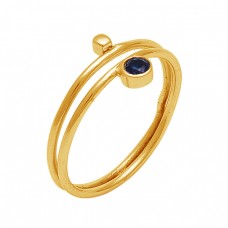 Round Shape Blue Quartz Gemstone 925 Sterling Silver Jewelry Gold Plated Ring