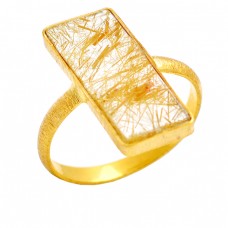 925 Sterling Silver Golden Rutile Quartz Rectangle Shape Gemstone Ring Jewelry