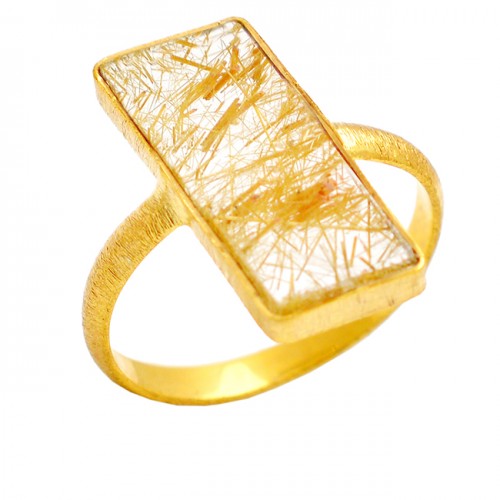925 Sterling Silver Golden Rutile Quartz Rectangle Shape Gemstone Ring Jewelry