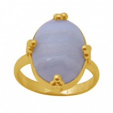 Oval Shape Blue Lace Agate  Gemstone 925 Sterling Silver Jewelry Gold Plated Ring