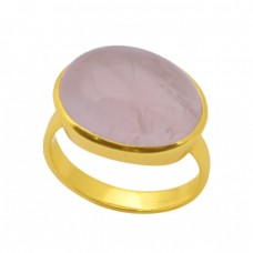 Oval Shape Rose Quartz Gemstone 925 Sterling Silver Jewelry Gold Plated Ring
