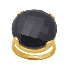 Round  Shape Black Onyx Gemstone 925 Sterling Silver Jewelry Gold Plated Ring