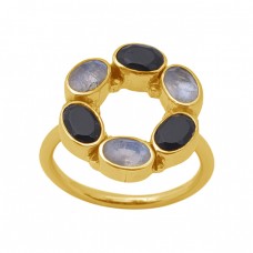 Oval Shape Moonstone Onyx  Gemstone 925 Sterling Silver Jewelry Gold Plated Ring