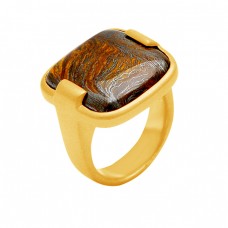 Iron Tiger Eye Cushion Shape Gemstone 925 Sterling Silver Gold Plated Ring Jewelry