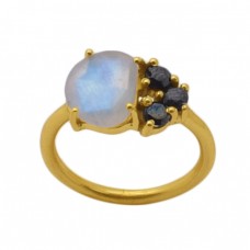 Fancy Round  Shape  Moonstone Onyx Gemstone 925 Sterling Silver Jewelry Gold Plated Ring