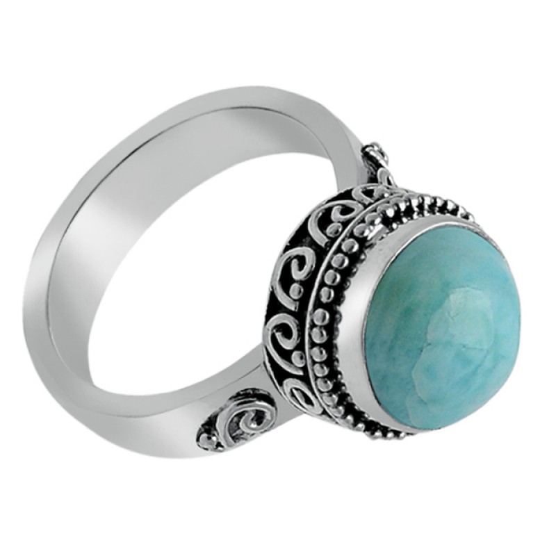 Blue Larimar Round Cabochon Shape Gemstone 925 Sterling Silver Ring Jewellery 