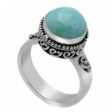 Blue Larimar Round Cabochon Shape Gemstone 925 Sterling Silver Ring Jewellery 