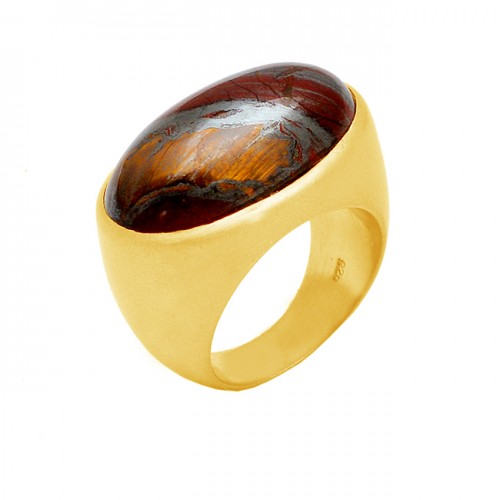 Oval Shape Iron Tiger Eye Gemstone 925 Sterling Silver Gold Plated Ring Jewelry