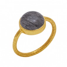 Round Shape Black Rutile Quartz  Gemstone 925 Sterling Silver Jewelry Gold Plated Ring