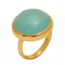 Round  Shape Prehnite Chalcedony   Gemstone 925 Sterling Silver Jewelry Gold Plated Ring