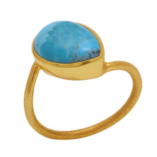 Pear  Shape Larimar  Gemstone 925 Sterling Silver Jewelry Gold Plated Ring