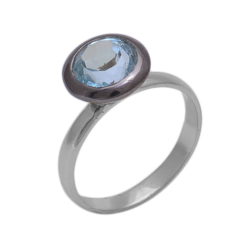 Round  Shape Blue Topaz   Gemstone 925 Sterling Silver Jewelry Gold Plated Ring