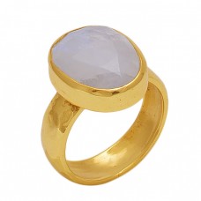 Round  Shape Rainbow Moonstone  Gemstone 925 Sterling Silver Jewelry Gold Plated Ring