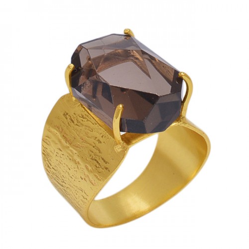 Cushion Shape Smoky Quartz   Gemstone 925 Sterling Silver Jewelry Gold Plated Ring