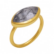 Marquise Shape Black Rutile Quartz  Gemstone 925 Sterling Silver Jewelry Gold Plated Ring