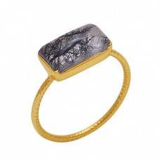 Rectangle  Shape Black Rutile Quartz  Gemstone 925 Sterling Silver Jewelry Gold Plated Ring
