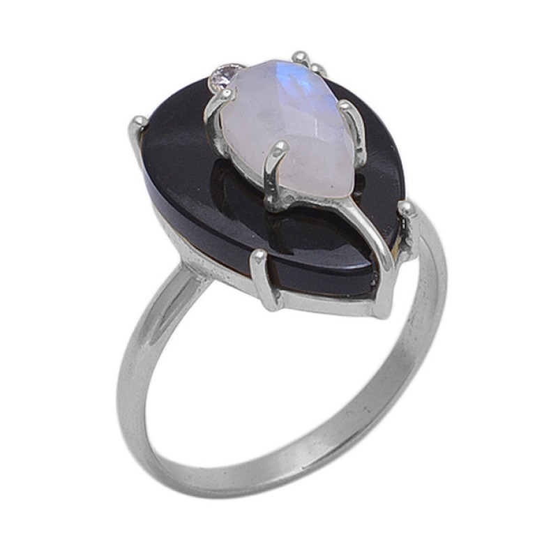 Pear Round  Shape Moonstone Onyx Zicroina Gemstone 925 Sterling Silver Jewelry Gold Plated Ring