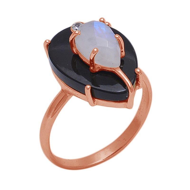 Pear Round  Shape Moonstone Onyx Zicroina Gemstone 925 Sterling Silver Jewelry Gold Plated Ring