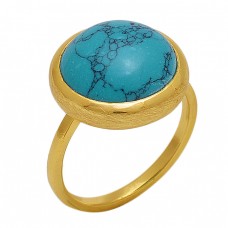 Round  Shape Turquoise   Gemstone 925 Sterling Silver Jewelry Gold Plated Ring