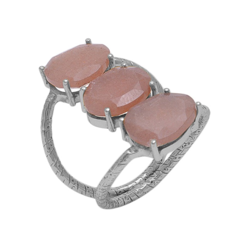 Oval  Shape Peach  Moonstone  Gemstone 925 Sterling Silver Jewelry Gold Plated Ring