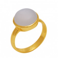 Round  Shape White Moonstone  Gemstone 925 Sterling Silver Jewelry Gold Plated Ring