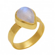 Pear Shape Rainbow  Moonstone  Gemstone 925 Sterling Silver Jewelry Gold Plated Ring