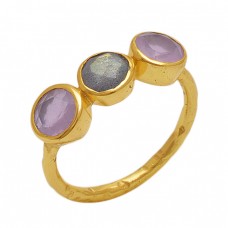 Round Shape Chalcedony  Labradorite  Gemstone 925 Sterling Silver Jewelry Gold Plated Ring