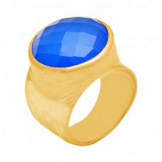 Round Shape Blue Chalcedony Gemstone 925 Sterling Silver Gold Plated Ring Jewelry