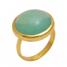 Round Shape Prehnite Chalcedony  Gemstone 925 Sterling Silver Jewelry Gold Plated Ring
