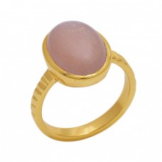 Oval  Shape Peach  Moonstone  Gemstone 925 Sterling Silver Jewelry Gold Plated Ring