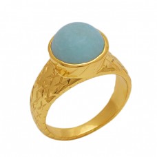 Round  Shape  Aqua Chalcedony Gemstone 925 Sterling Silver Jewelry Gold Plated Ring