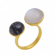 Round  Shape Black Rutile  Rainbow  Moonstone  Gemstone 925 Sterling Silver Jewelry Gold Plated Ring