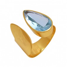 Pear Shape  Blue Topaz  Gemstone 925 Sterling Silver Jewelry Gold Plated Ring