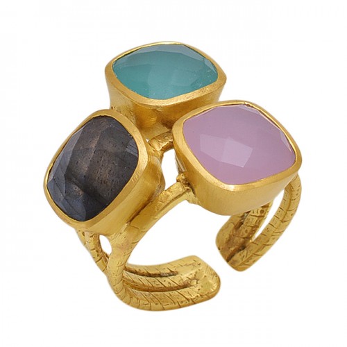 Square   Shape Labradorite Aqua Chalcedony Rose Chalcedony   Gemstone 925 Sterling Silver Jewelry Gold Plated Ring