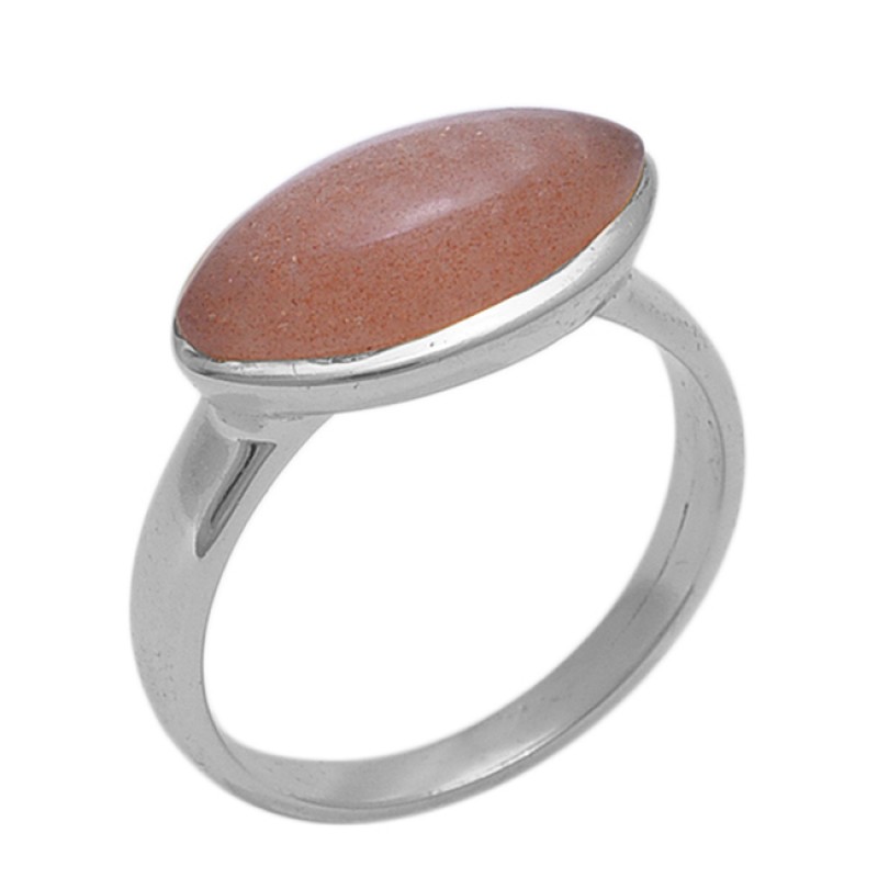 Marquoise Shape Peach Moonstone  Gemstone 925 Sterling Silver Jewelry Gold Plated Ring