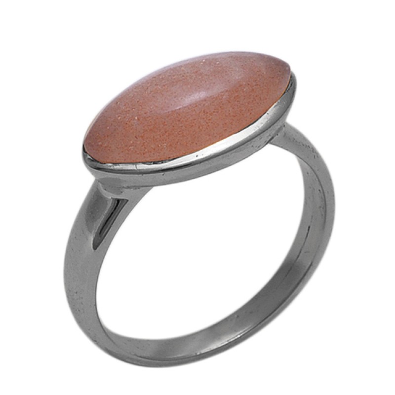 Marquoise Shape Peach Moonstone  Gemstone 925 Sterling Silver Jewelry Gold Plated Ring