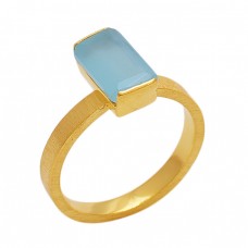 Rectangle   Shape Aqua Chalcedony   Gemstone 925 Sterling Silver Jewelry Gold Plated Ring