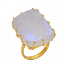 Rectangle   Shape Rainbow Moonstone  Gemstone 925 Sterling Silver Jewelry Gold Plated Ring