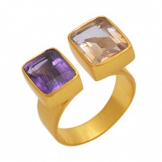 Rectangle Shape  Amethyst Citrine   Gemstone 925 Sterling Silver Jewelry Gold Plated Ring