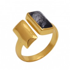 Rectangle  Shape Black Rutile   Gemstone 925 Sterling Silver Jewelry Gold Plated Ring