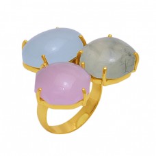 Oval  Shape  Chalcedony Prehnite  Gemstone 925 Sterling Silver Jewelry Gold Plated Ring