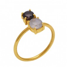 Round  Shape Smoky Quartz Rainbow  Moonstone  Gemstone 925 Sterling Silver Jewelry Gold Plated Ring